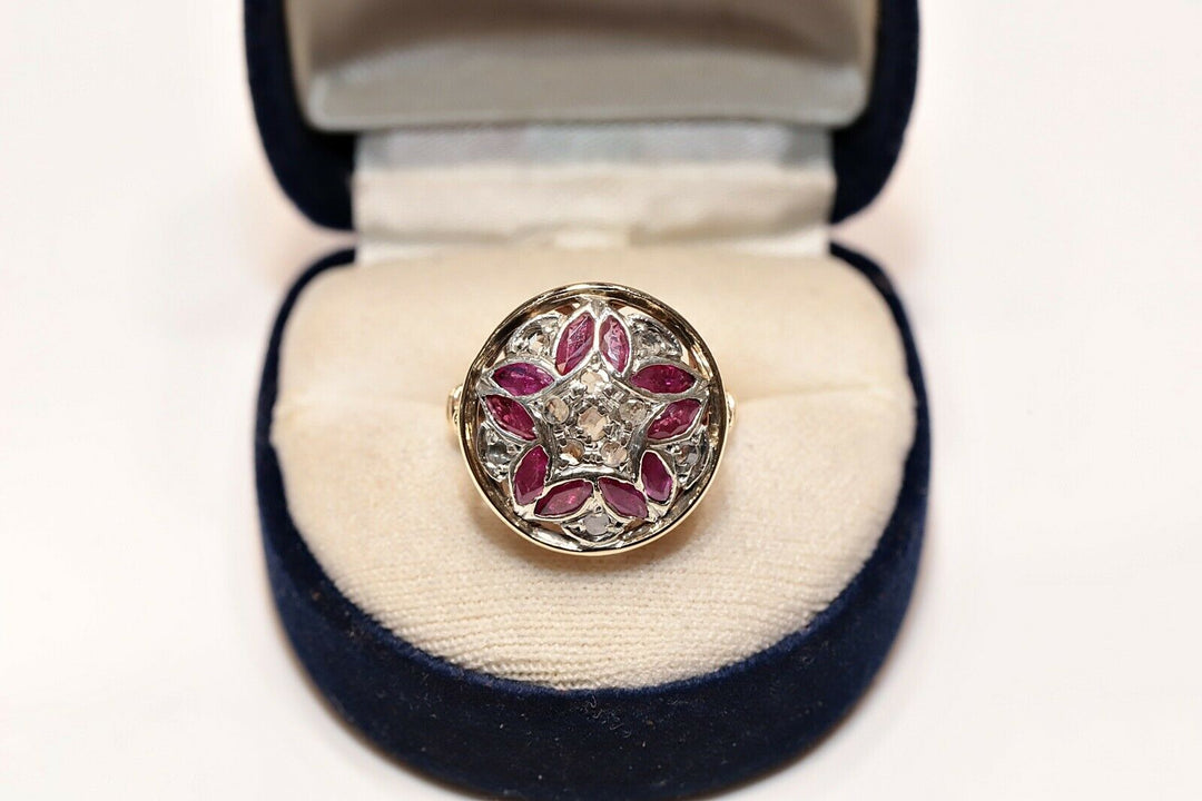アンティーク 14K ヴィクトリアン ナチュラルローズカットダイヤモンドとルビーのリング