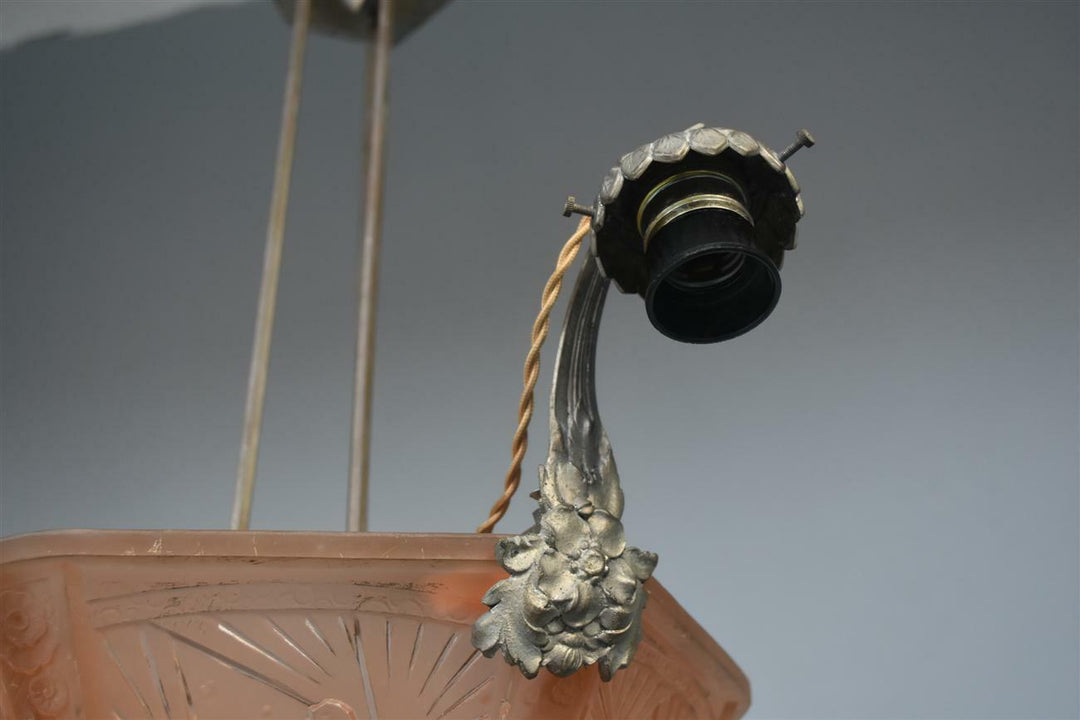 Lustre à tulipes années 1930 Art déco verre moulé Muller Frères