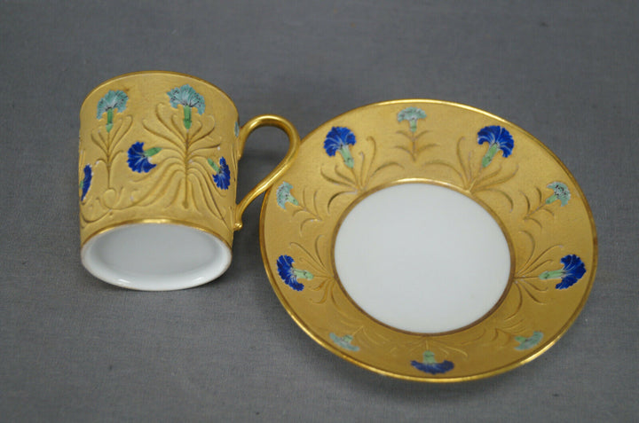 Antique French Hand Painted Blue Carnation Flower & Gold Demitasse Cup & Saucer