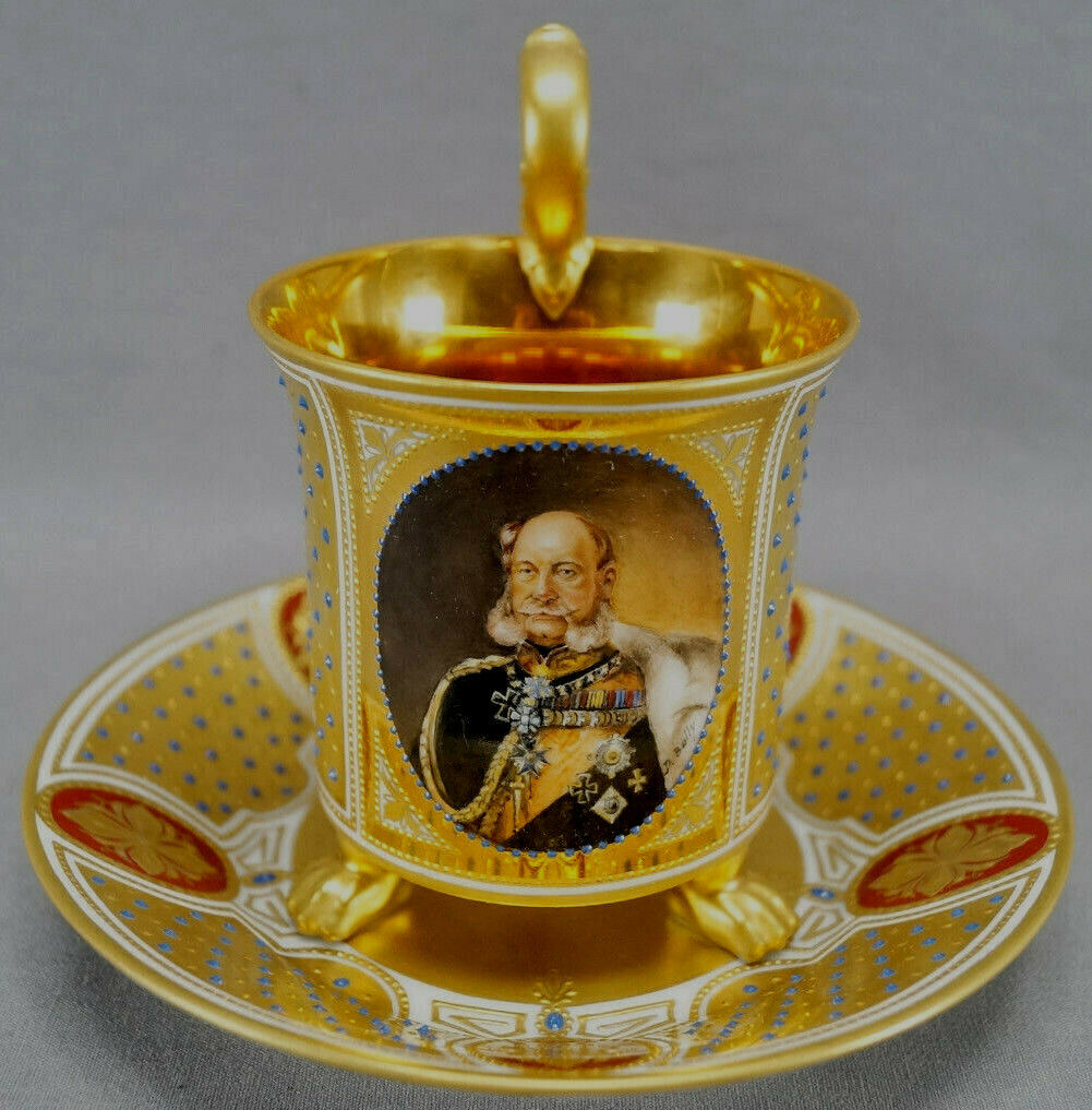 Dresden Hand Painted Wilhelm I Portrait Gold & Jeweled Empire Form Cup & Saucer
