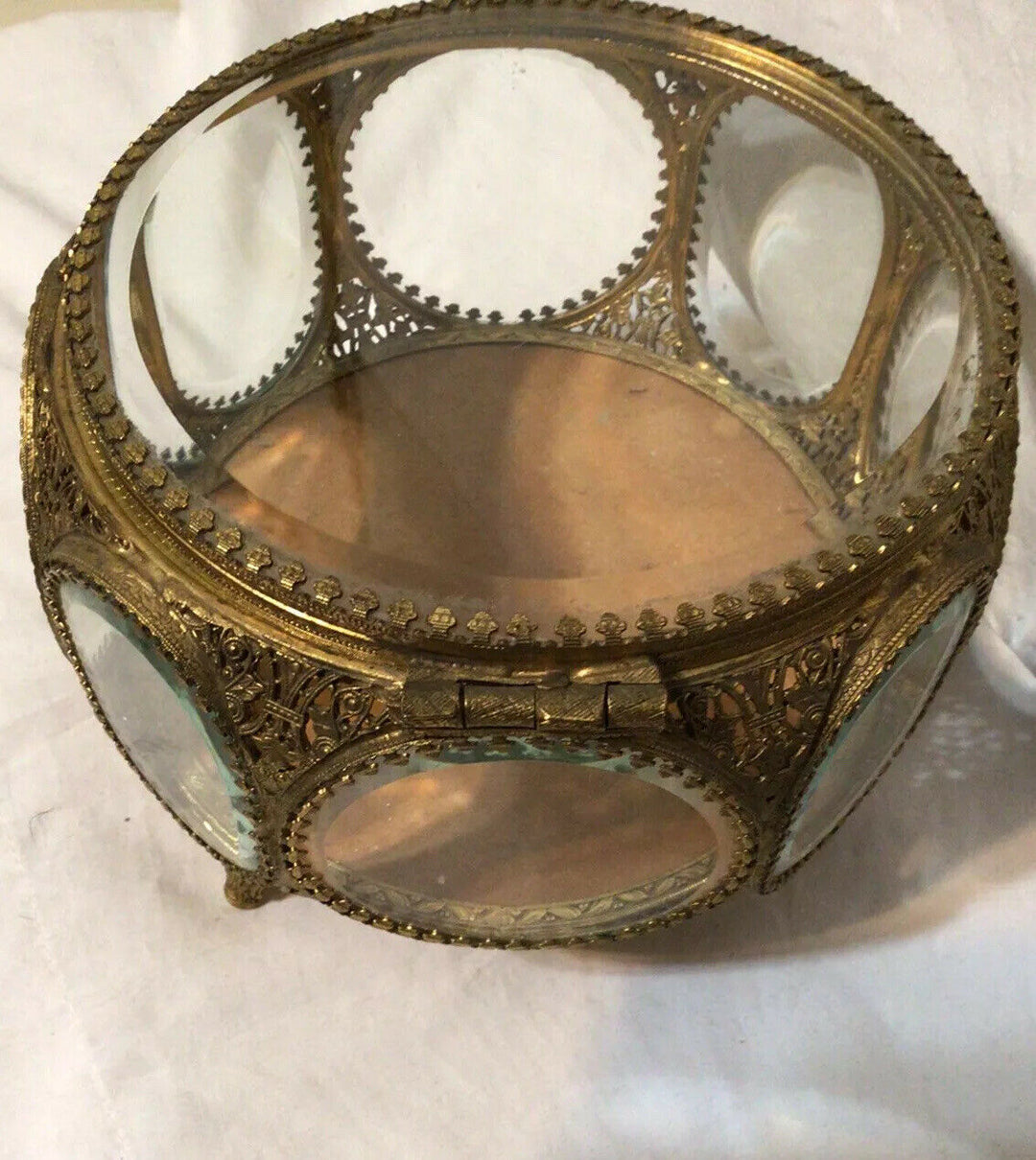 Vintage Filigree Ormolu Jewelry Casket 8 Sided Beveled Glass Ornate Trinket Box