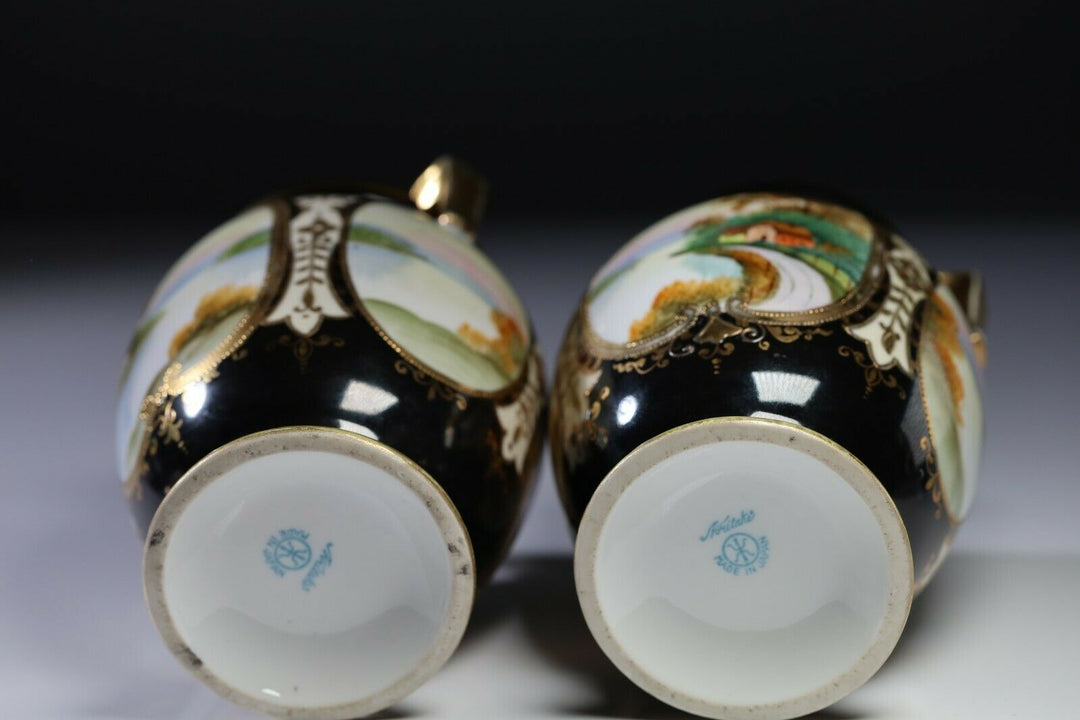 Pair of Art Deco Noritake Handled Vase Embellished Beads & Gilt Hand Painted