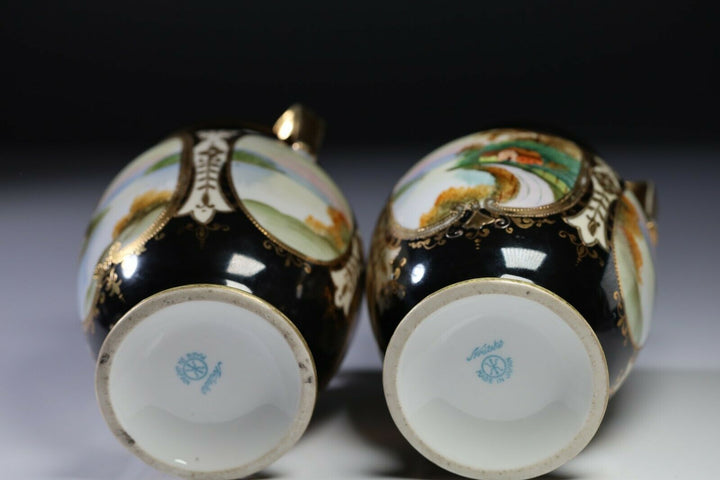 Pair of Art Deco Noritake Handled Vase Embellished Beads & Gilt Hand Painted