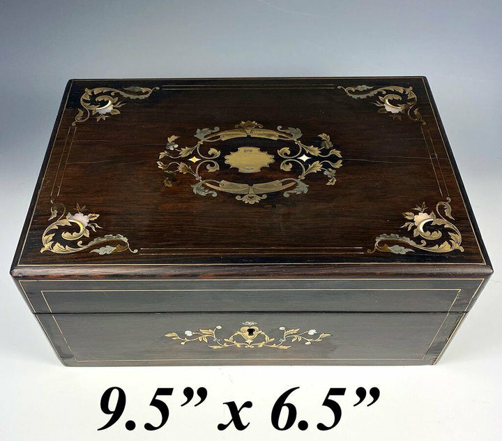 Antique French Boulle Rosewood Jewelry Box, Casket, Mother of Pearl Silver Inlay