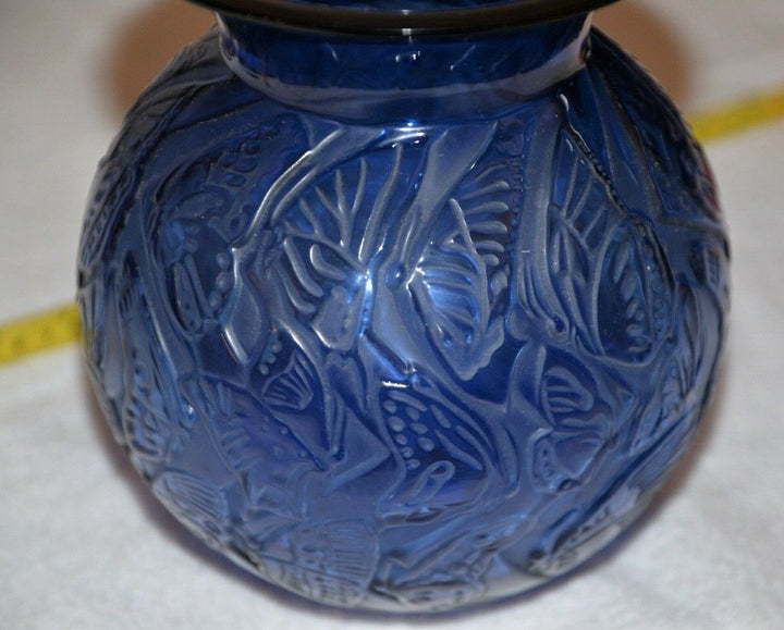 RENE LALIQUE CRYSTAL VASE RARE NYMPHALE 1992 SAPPHIRE BLUE 8.5' MINT BUTTERFlIES