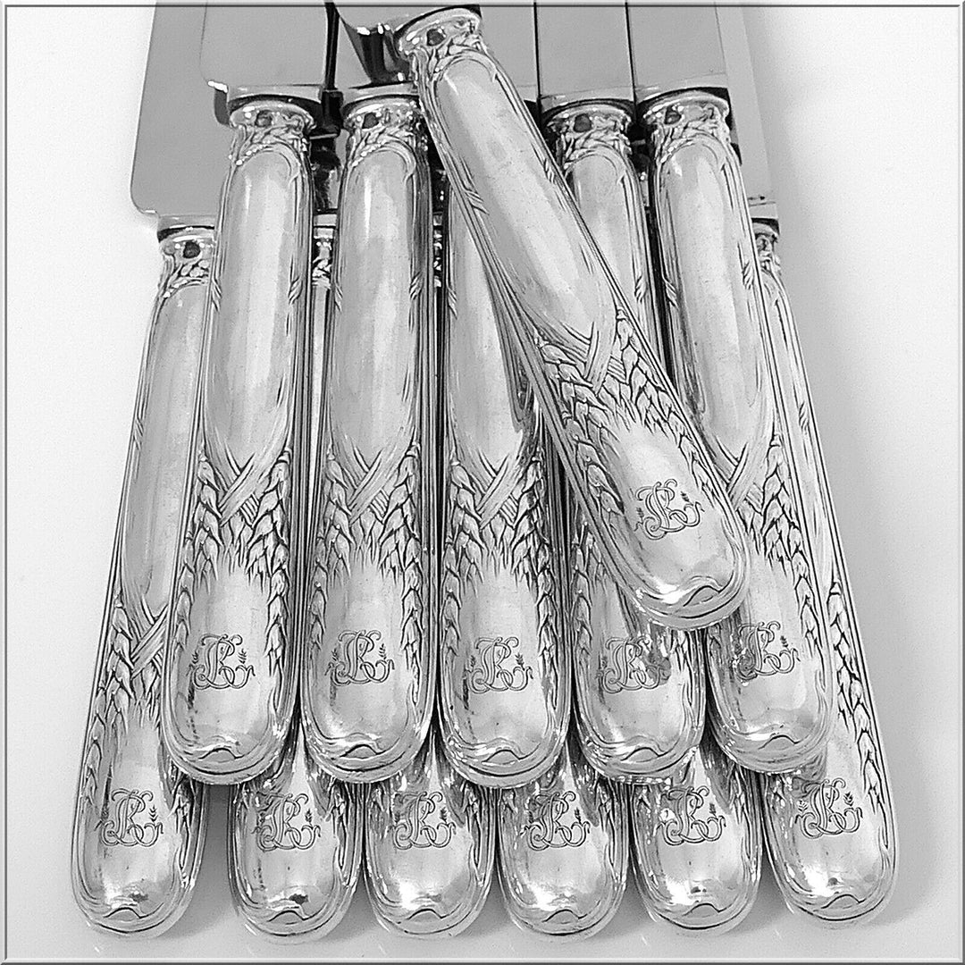 Puiforcat Rare French Sterling Silver Dinner Knife Set 12 Pc, Wheat, Art Nouveau