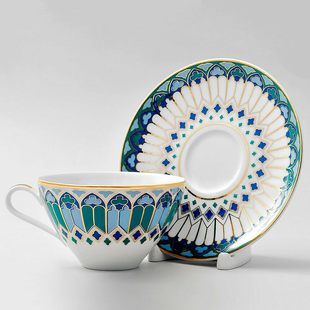 Green Imperial Porcelain Teacup & Saucer, GOTHIC Pattern, LOMONOSOV, LFZ, 230 ml