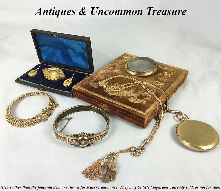 Antique Victorian 14k - 16k Gold Mourning Locket Brooch, Earrings Parure in Box