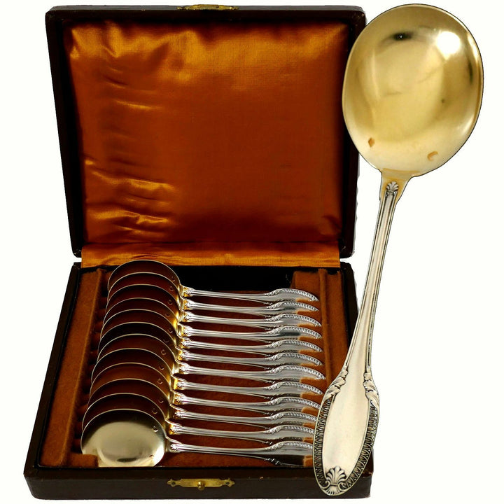 Puiforcat French Sterling Silver 18k Gold Ice Cream Spoons set 12 pc Palmette
