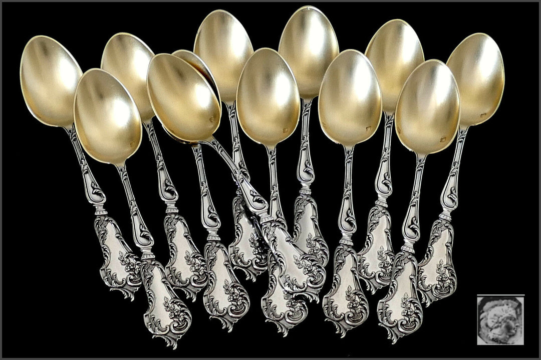Soufflot French Sterling Silver 18k Gold Tea Coffee Spoons Set 12 pc Rococo
