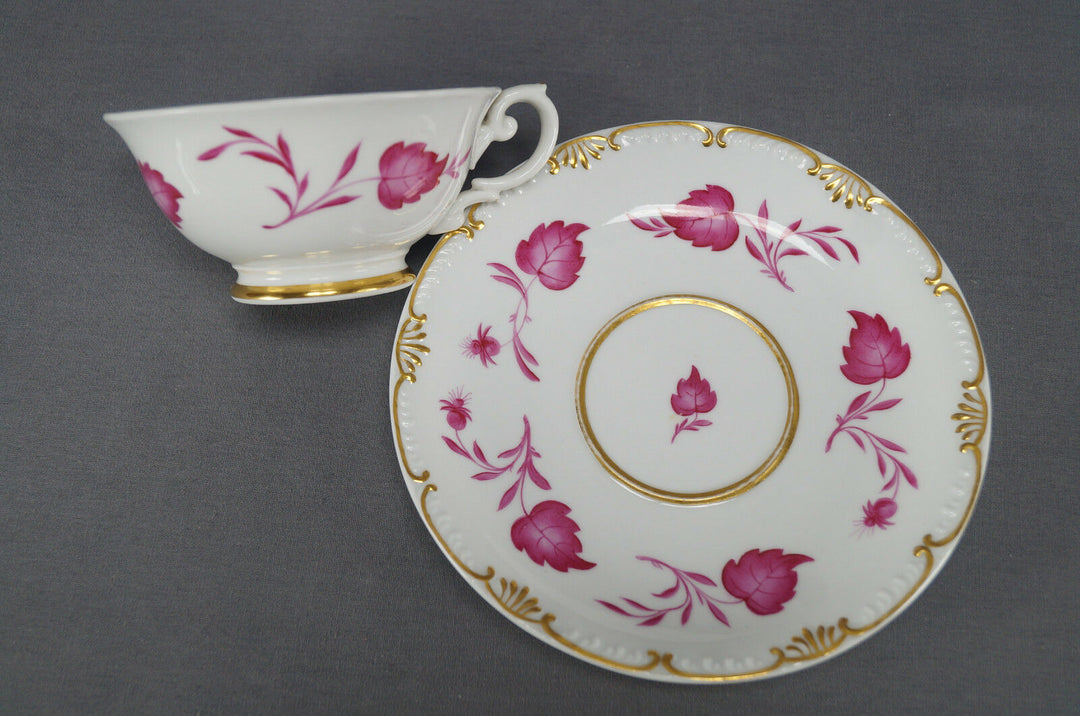 KPM Berlin Hand Painted Pink Floral Leaves & Gold Tea Cup Circa 1837 - 1844