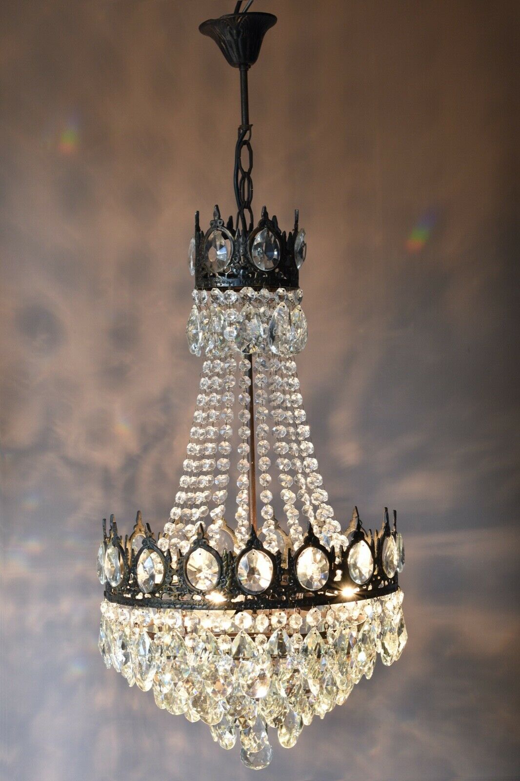 Two Antique Vintage Crystal Chandeliers in Bronze, Ceiling Lighting, pendants