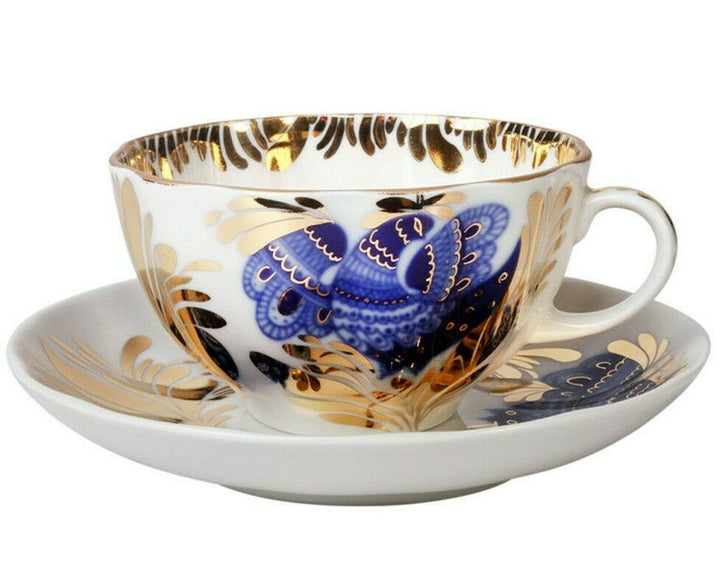 Imperial Porcelain Teacup & Saucer, Golden Garden Blue Bird Pattern, Lomonosov