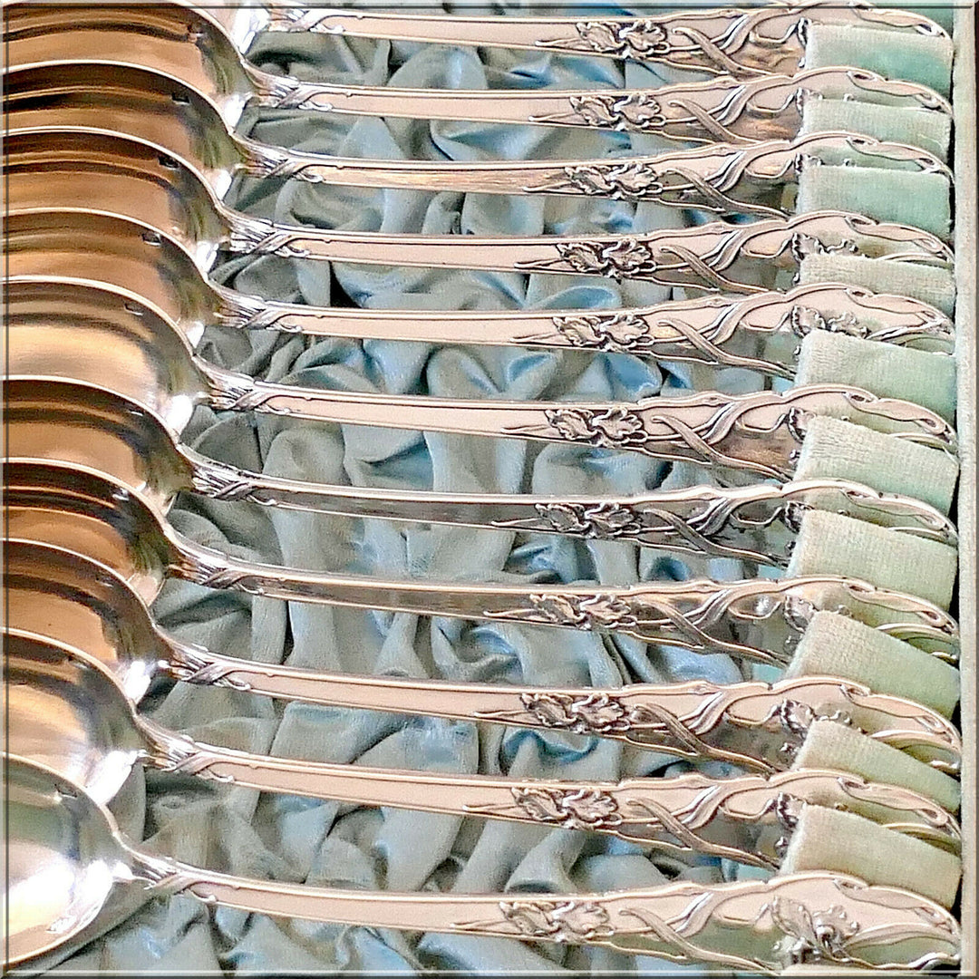 Ravinet Rare French Sterling Silver Tea Coffee Spoons Set 12 Pc, Iris, Box