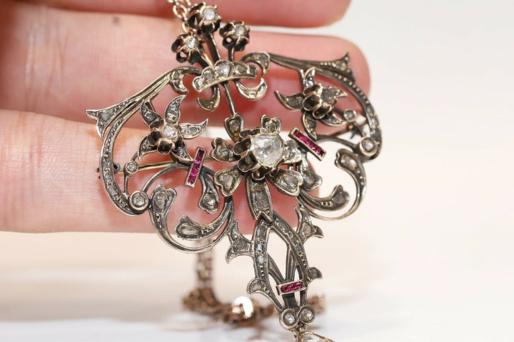 アンティーク オリジナル オスマン朝 8K ゴールド 天然ローズカット ダイヤモンド・ルビー ネックレス