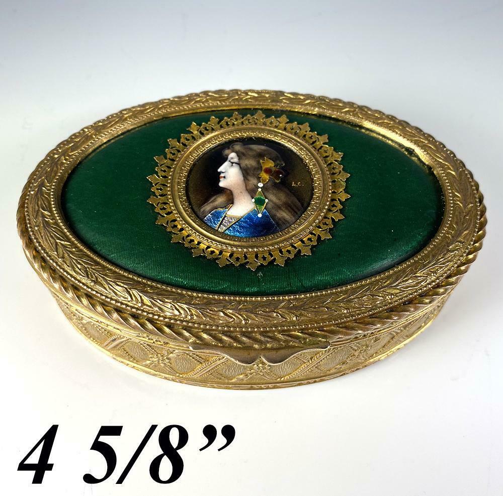 Antique French Kiln-fired Enamel Portrait Jewelry Box, Casket, 4 5/8" Dore Bronz