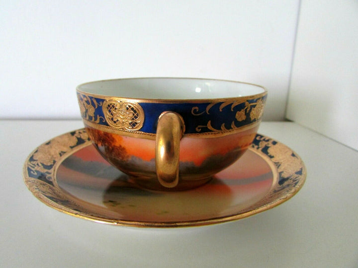 ANTIQUE NORITAKE ART DECO CHINA PORCELAIN GILDED SCENIC PAINTED TEA CUP & SAUCER