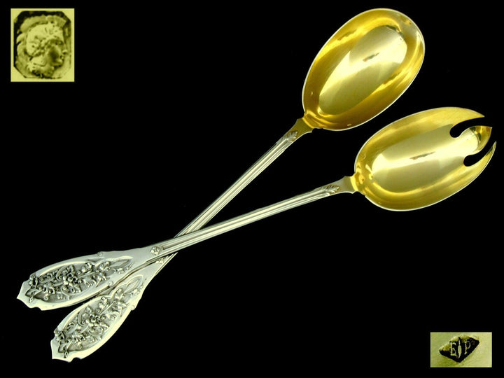 Puiforcat French Sterling Silver 18k Gold Salad Serving Set 2 Pc, Moderne