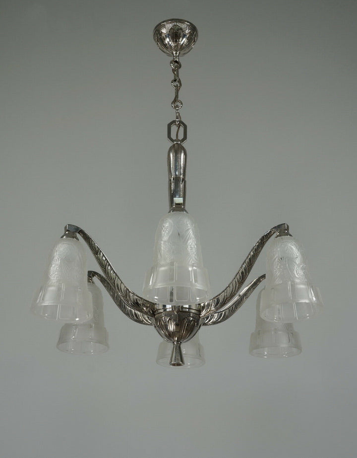 HETTIER & VINCENT : 1930 french art deco chandelier in nickel plated bronze
