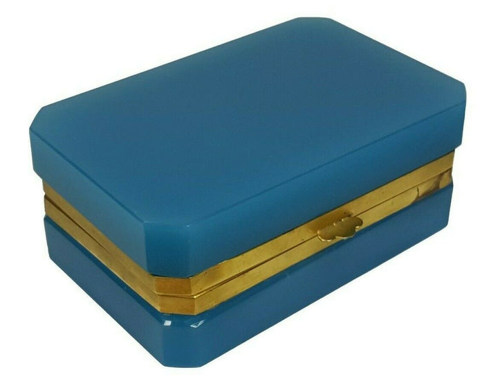 Blue Opaline Glass Jewelry Box / Trinket Box | Rectangular | Brass Frame | Italy