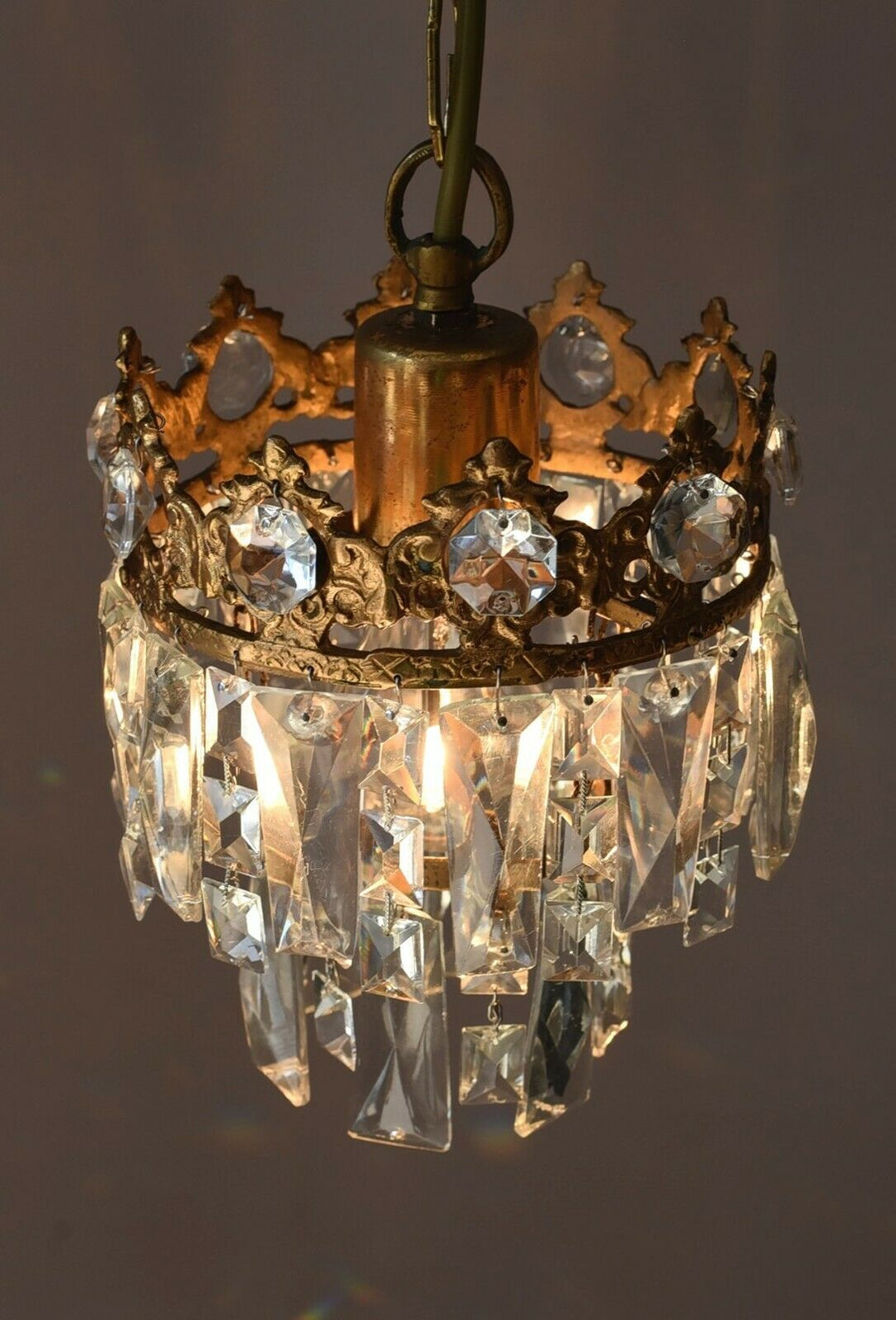 Matching Antique Crystal Chandeliers, Pair Vintage Pendant Kitchen Lighting Lamp