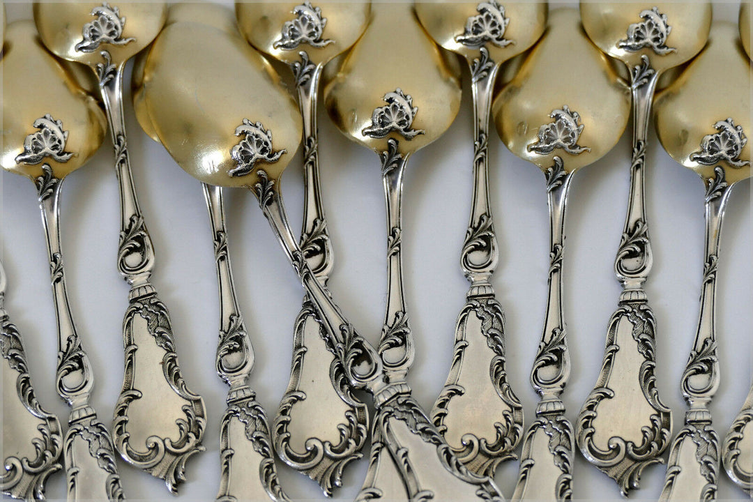 Soufflot French Sterling Silver 18k Gold Tea Coffee Spoons Set 12 pc Rococo