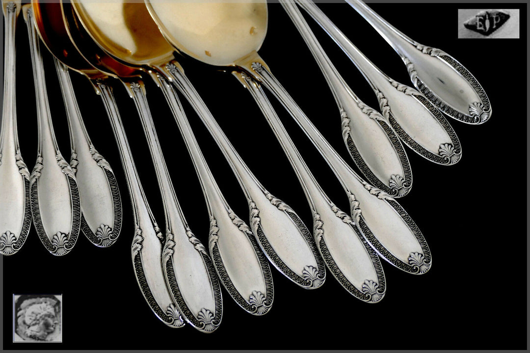 Puiforcat French Sterling Silver 18k Gold Ice Cream Spoons set 12 pc Palmette