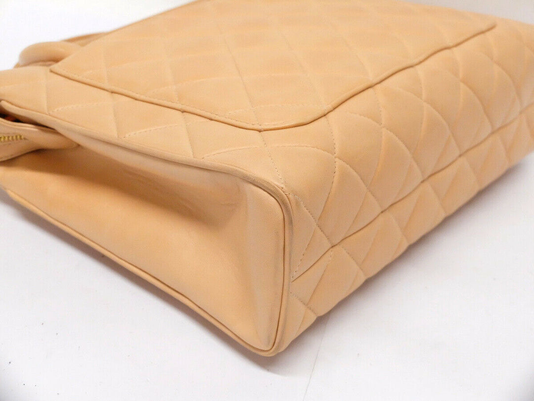 AUTH CHANEL BEIGE Quilted Lamb skin Leather Gold Medallion