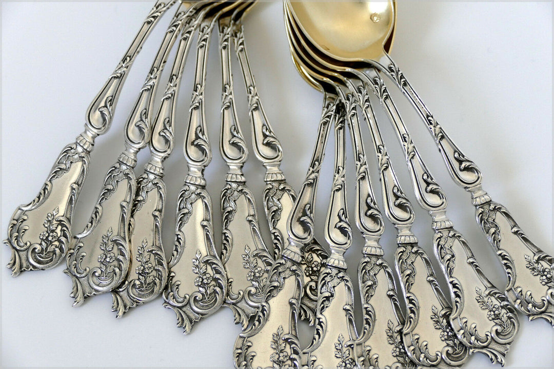 Soufflot French Sterling Silver 18k Gold Tea Coffee Spoons Set 12 pc Rococo