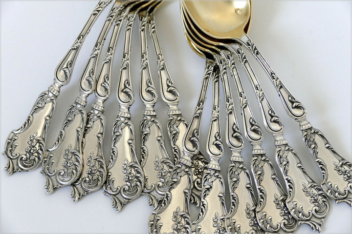 Soufflot French Sterling Silver 18k Gold Tea Coffee Spoons Set 12 pc Rococo