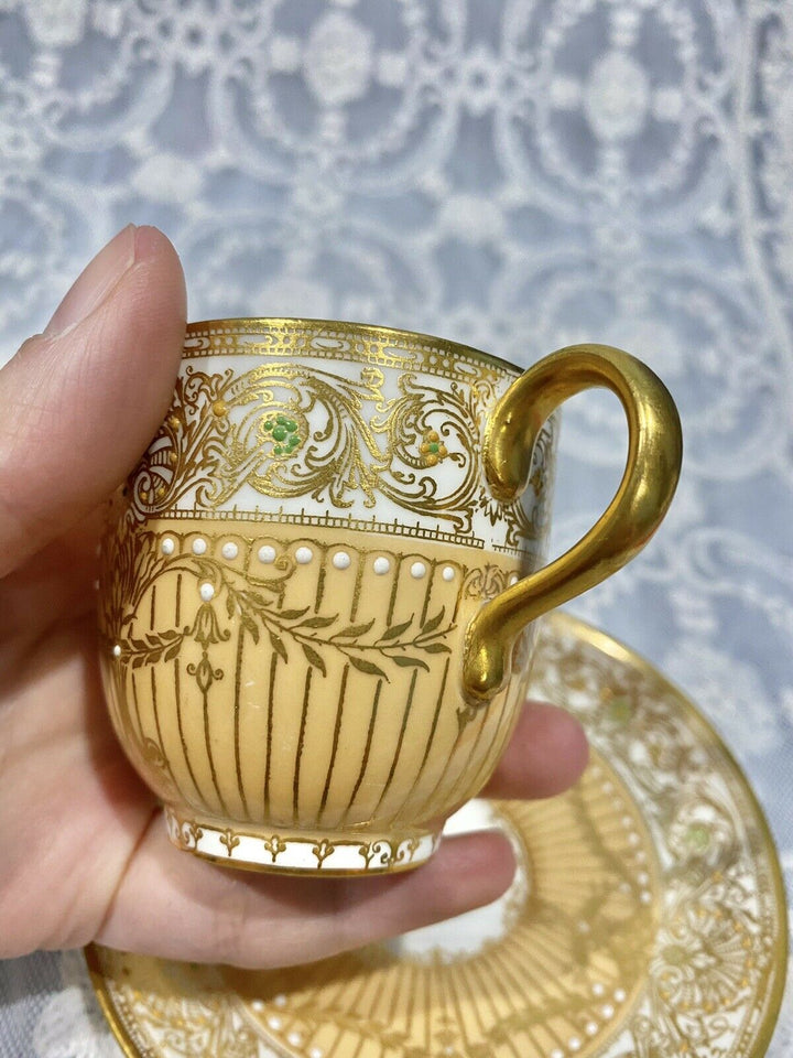 Antique ROYAL WORCESTER Porcelain Cup Saucer Set Enamel JEWELS Gold