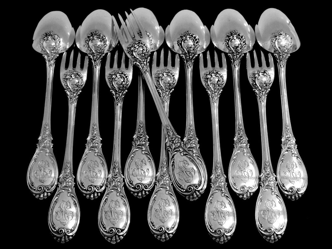 Puiforcat Fabulous French Sterling Silver Dinner Flatware Set 12 pc Roses