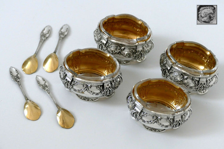 Collet French Sterling Silver 18k Gold Set 4 Salt Cellars, Spoons, Original box