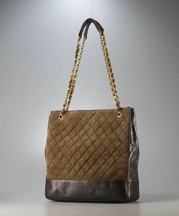 AUTH CHANEL Brown Gold Suede TOTE SHOULDER BAG