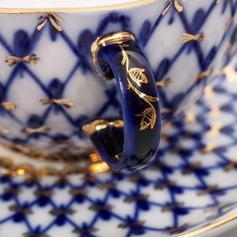 Classic Cobalt Net Teacup and Saucer by Imperial Porcelain Lomonosov LFZ IFZ