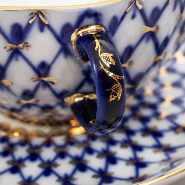 Classic Cobalt Net Teacup and Saucer by Imperial Porcelain Lomonosov LFZ IFZ