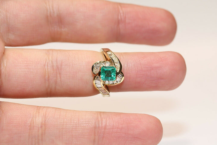 ヴィンテージ 14K バゲットカットダイヤモンドとエメラルドのリング