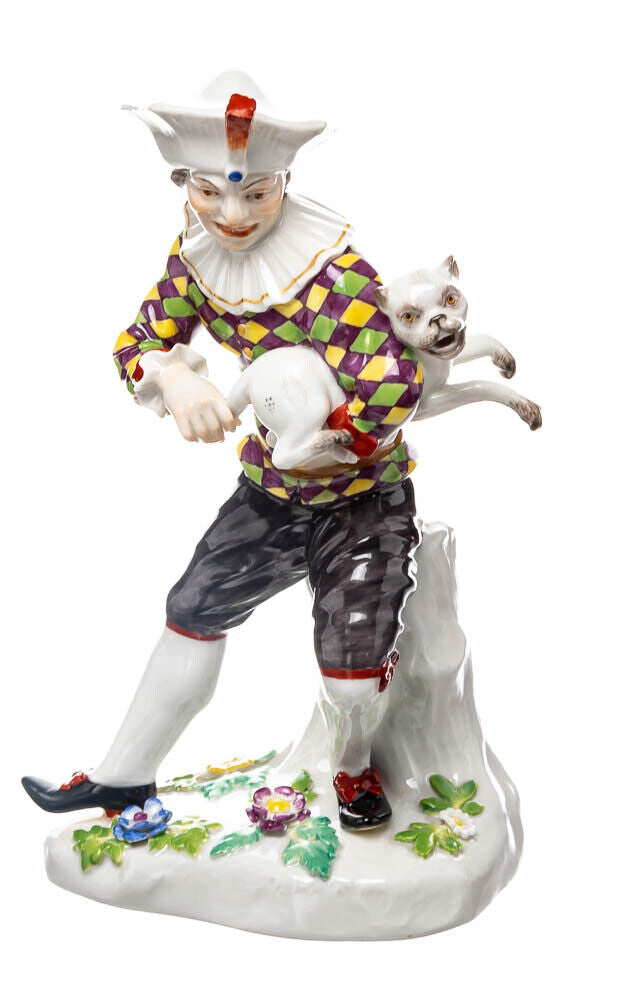 マイセン人形　ハーレクインとパグ　J.J. ケンドラー作　一級品　1850-1924年