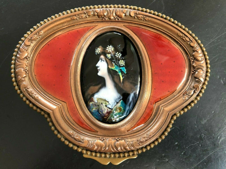 ANTIQUE FRENCH HINGED BRONZE BOX WITH LIMOGE HAND PAINTED ENAMEL