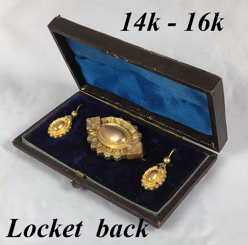 Antique Victorian 14k - 16k Gold Mourning Locket Brooch, Earrings Parure in Box