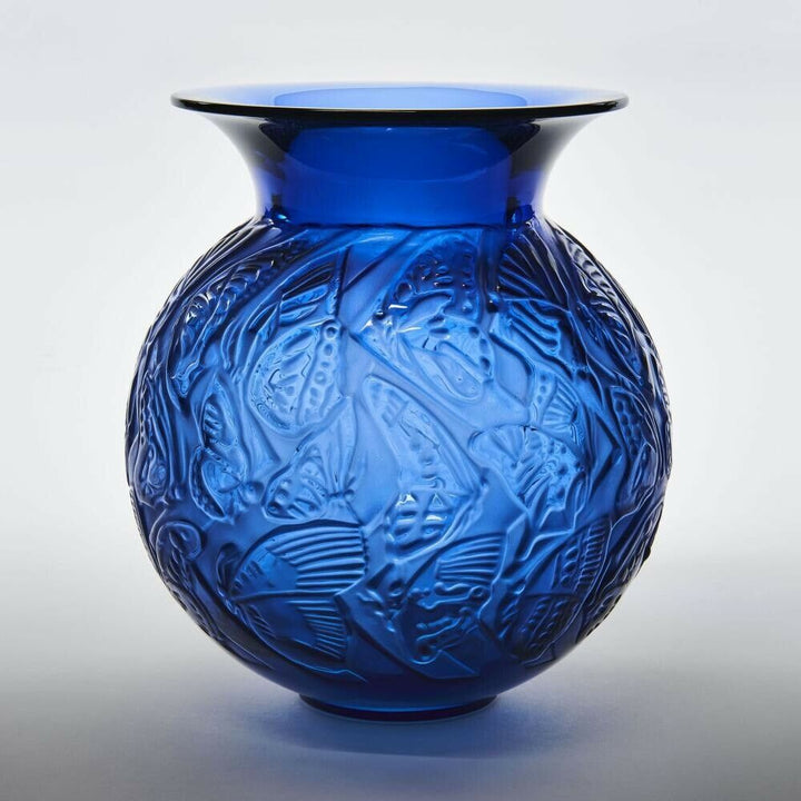 RENE LALIQUE CRYSTAL VASE RARE NYMPHALE 1992 SAPPHIRE BLUE 8.5' MINT BUTTERFlIES