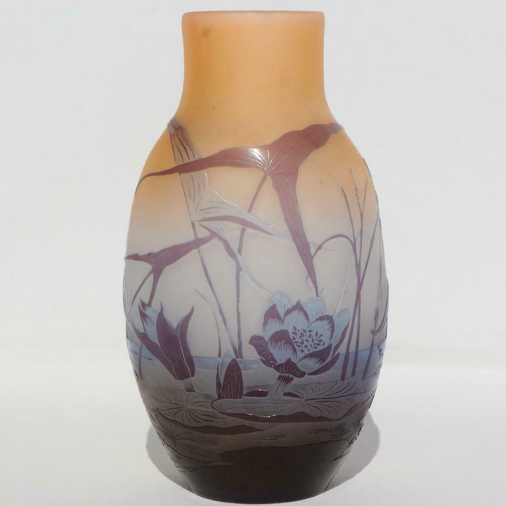 エミールガレ　フランス製　アンティーク　池　草　水　スイレン　蓮の花　ガラス花瓶