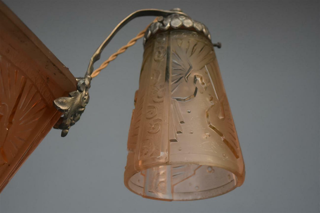 Lustre à tulipes années 1930 Art déco verre moulé Muller Frères