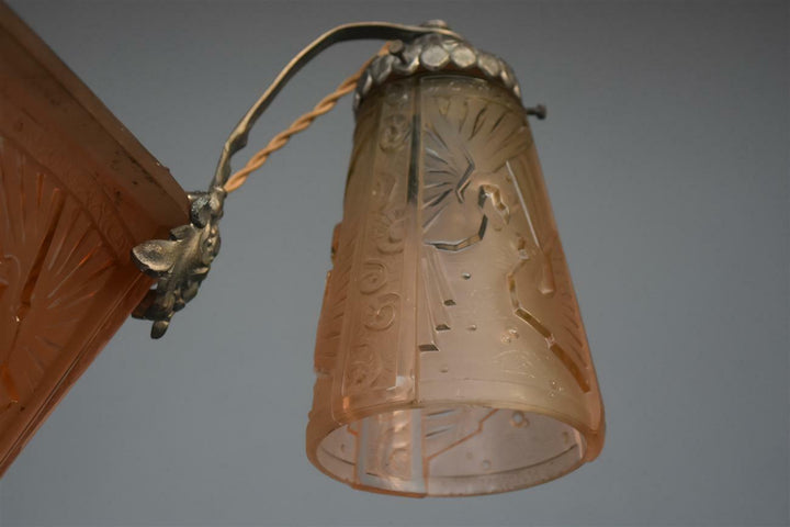 Lustre à tulipes années 1930 Art déco verre moulé Muller Frères