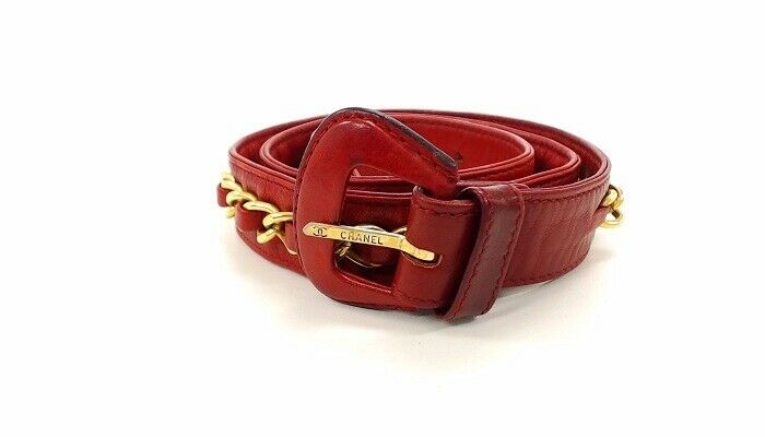 Auth CHANEL Quilted CC Chain Belt Waist Bum Bag Red Leather