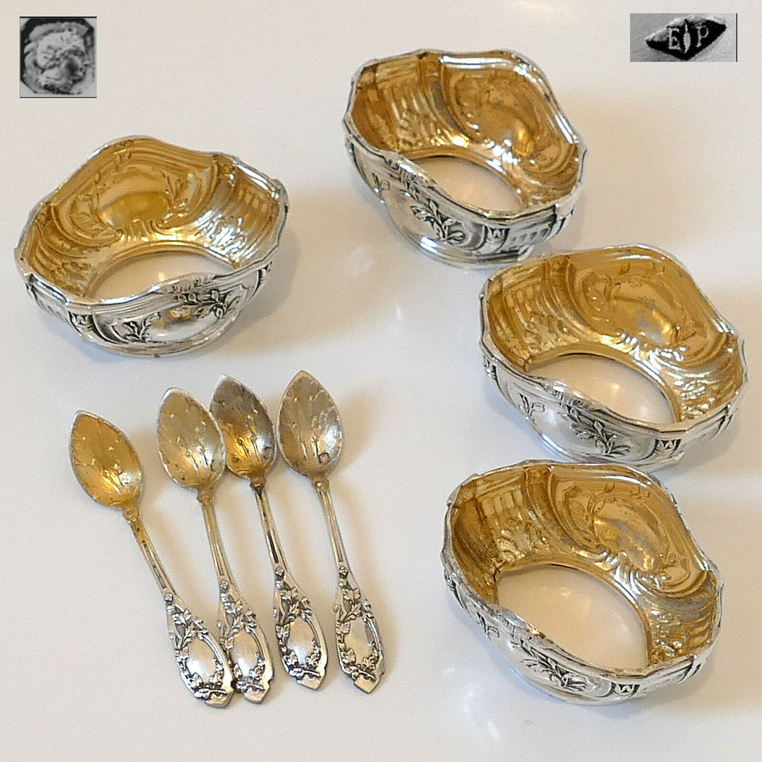 Puiforcat French Sterling Silver 18k Gold 4 Salt Cellars, Spoons, Box, Empire