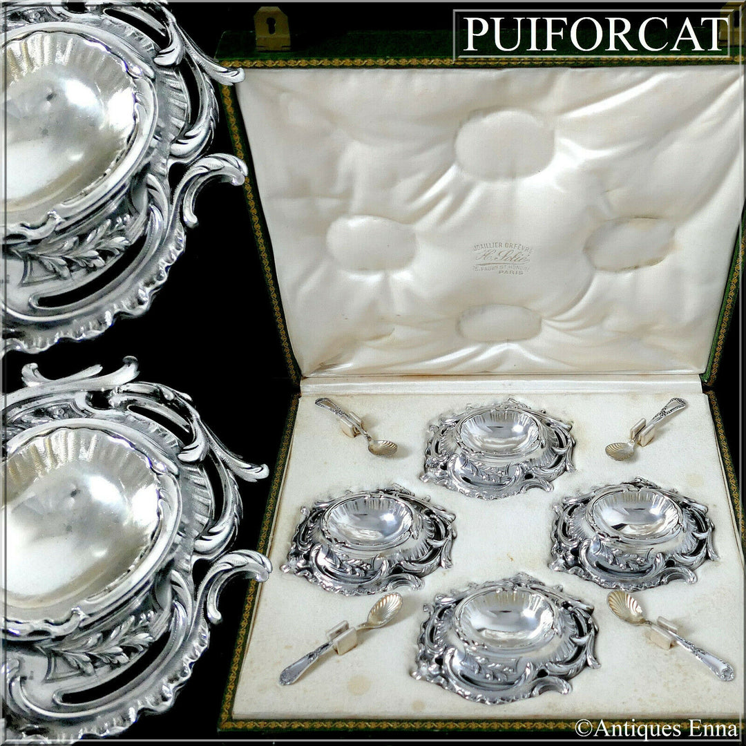 Puiforcat Rare French Sterling Silver 4 Salt Cellars, Spoons, Original Box