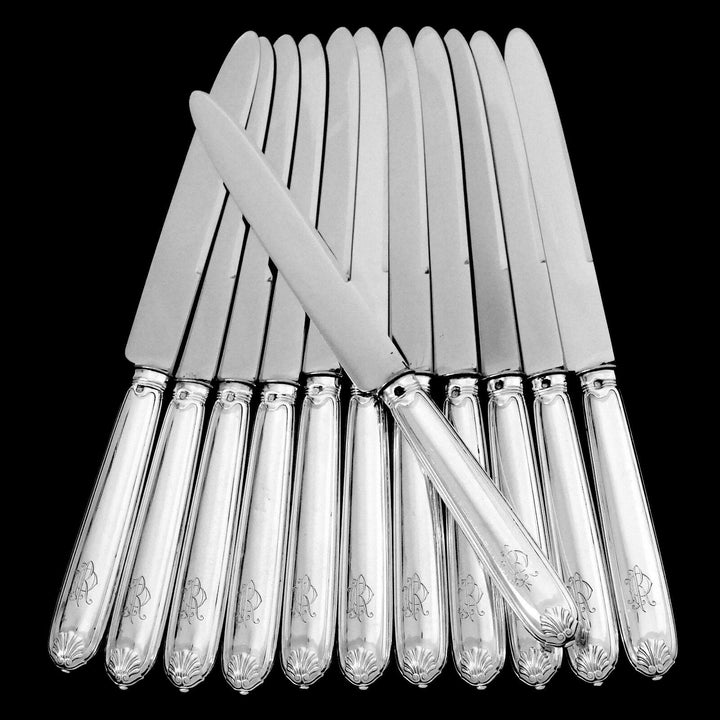 Puiforcat French Sterling Silver Dinner Dessert Knife Set 24 Pc, box, Shell