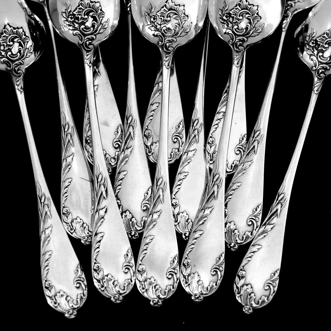 Debain French Sterling Silver Tea Coffee Spoons Set 12 pc, Art Nouveau