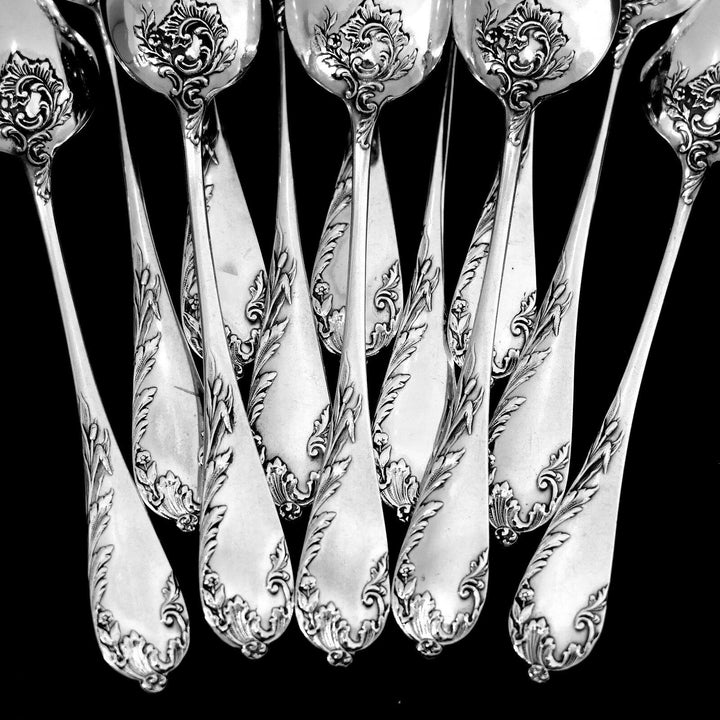 Debain French Sterling Silver Tea Coffee Spoons Set 12 pc, Art Nouveau